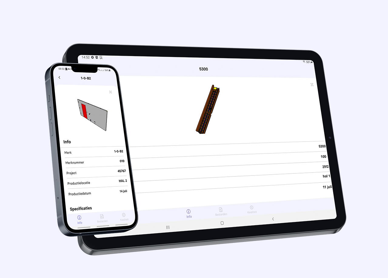 Een tablet en telefoon met de BIM4Production Elementen App